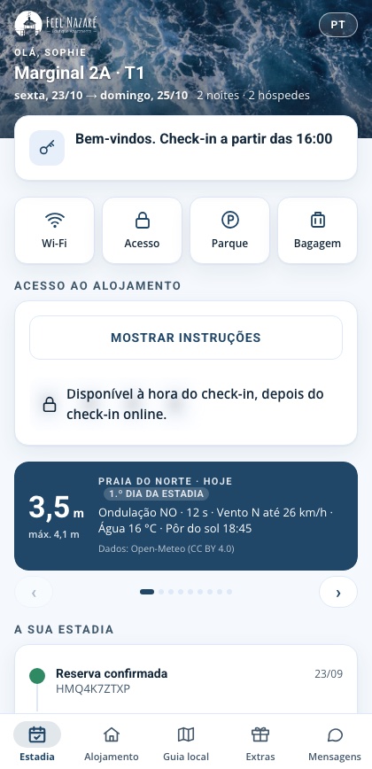 Portal do hóspede no telemóvel: boas-vindas, acesso ao alojamento e o estado do mar na Praia do Norte