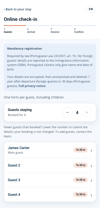 Lista dos quatro hóspedes a registar, em inglês